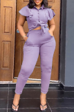 Casual Solid Frenulum Turndown Collar Short Sleeve Two Pieces