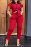 Casual Solid Frenulum Turndown Collar Short Sleeve Two Pieces