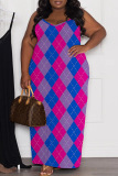 Sexy Casual Print Rhombic Backless Spaghetti Strap Long Plus Size Dresses