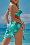 Sexy Print Bandage Backless Swimsuit Three Piece Set (With Paddings)
