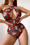 Sexy Skull Head Print Hollowed Out Backless Swimwears (With Paddings)
