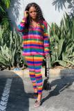 Rainbow color Rainbow Color Striped Hooded Tops Skinny Pants Long Sleeve Two-piece Set