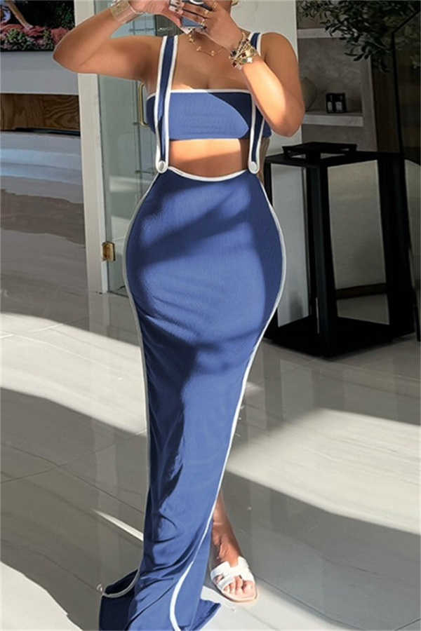 Sexy Patchwork Backless Contrast Spaghetti Strap Sleeveless Two Pieces