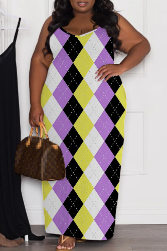 Sexy Casual Print Rhombic Backless Spaghetti Strap Long Plus Size Dresses