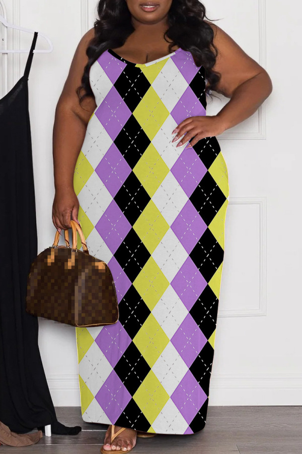 Sexy Casual Print Rhombic Backless Spaghetti Strap Long Plus Size Dresses