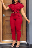 Casual Solid Frenulum Turndown Collar Short Sleeve Two Pieces
