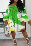 Casual Print Tie Dye Patchwork Off the Shoulder Long Sleeve Plus Size Dresses