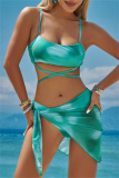 Sexy Print Bandage Backless Swimsuit Three Piece Set (With Paddings)