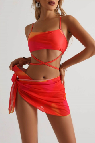 Sexy Print Bandage Backless Swimsuit Three Piece Set (With Paddings)