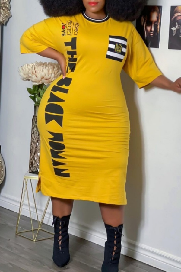 Casual Print Basic O Neck One Step Skirt Dresses
