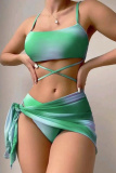 Sexy Print Bandage Backless Swimsuit Three Piece Set (With Paddings)