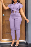 Casual Solid Frenulum Turndown Collar Short Sleeve Two Pieces