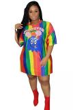 Multi-color Rainbow Color Casual Half Sleeves O neck Straight Knee-Length Character Striped Anima Dresses