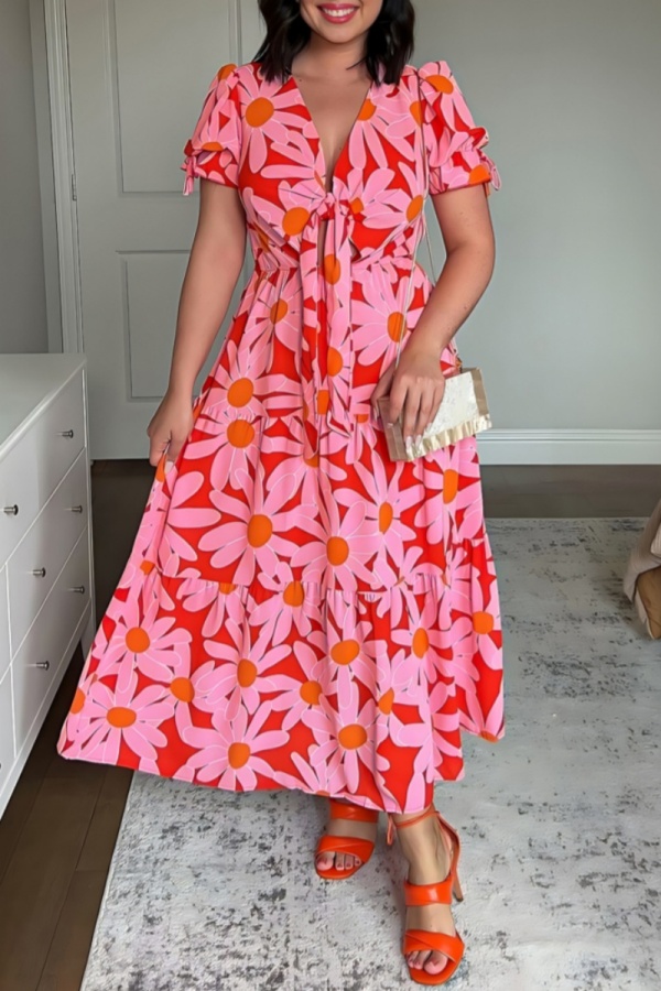 Casual Print Patchwork V Neck Long Dresses