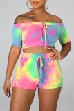 multicolor Rainbow Color Casual Print Tie Dye Crop Tops Shorts Two Piece Sets