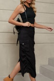 Casual Solid Patchwork Draw String High Waist Skinny Denim Skirts