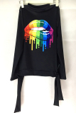 Black Rainbow Lips Print O Neck Long Sleeve Tees & T-shirts Blouses Tops