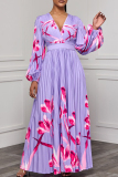 Elegant Print Patchwork Fold V Neck Long Dresses