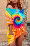Dark Blue Women O neck Step Skirt Mini Rainbow Paisley T-shirt Midi Dresses