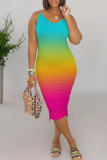 Casual Gradient Patchwork V Neck Long Dresses
