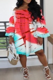 Casual Print Tie Dye Patchwork Off the Shoulder Long Sleeve Plus Size Dresses
