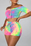 multicolor Rainbow Color Casual Print Tie Dye Crop Tops Shorts Two Piece Sets