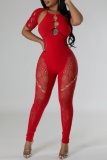 Sexy Solid Hollowed Out See-through O Neck Skinny Jumpsuits