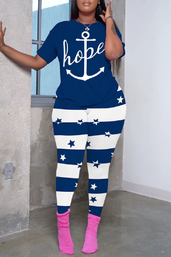 Casual Print Basic O Neck Short Sleeve Two Pieces