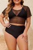 Sexy Solid See-through O Neck Plus Size Swimwear Three Piece Set