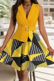 Casual Print Patchwork Turndown Collar Sleeveless Dresses