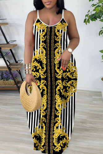 Sexy Casual Print Backless Spaghetti Strap Long Dresses