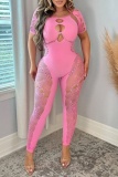 Sexy Solid Hollowed Out See-through O Neck Skinny Jumpsuits
