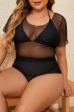 Sexy Solid See-through O Neck Plus Size Swimwear Three Piece Set