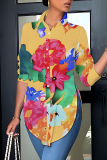 Casual Print Buttons Slit Shirt Collar Tops