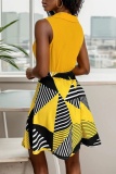 Casual Print Patchwork Turndown Collar Sleeveless Dresses