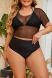 Sexy Solid See-through O Neck Plus Size Swimwear Three Piece Set