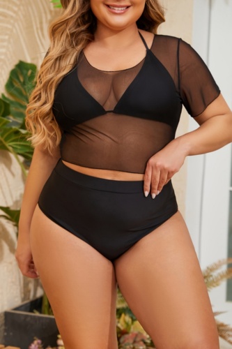 Sexy Solid See-through O Neck Plus Size Swimwear Three Piece Set