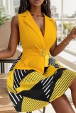 Casual Print Patchwork Turndown Collar Sleeveless Dresses