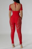 Sexy Solid Hollowed Out See-through O Neck Skinny Jumpsuits