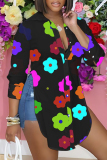 Casual Print Slit Shirt Collar Tops