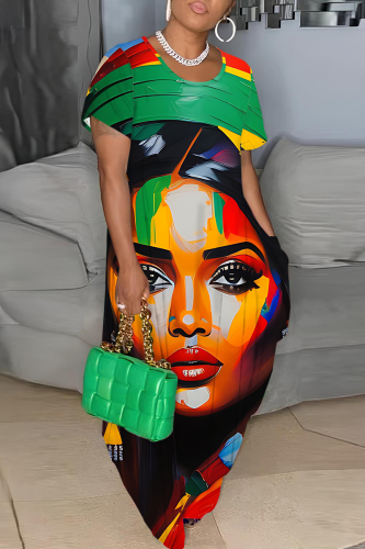 Casual Print Basic O Neck Long Plus Size Dresses