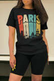 Casual Letter Geometric Print O Neck Short Sleeve Two Pieces