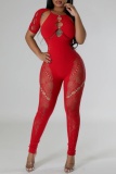 Sexy Solid Hollowed Out See-through O Neck Skinny Jumpsuits