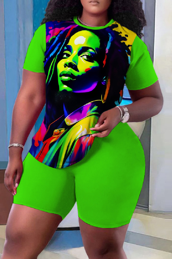 Casual Print Basic O Neck Short Sleeve Two Pieces