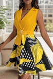 Casual Print Patchwork Turndown Collar Sleeveless Dresses