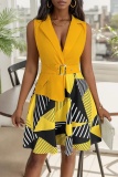Casual Print Patchwork Turndown Collar Sleeveless Dresses