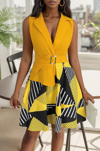 Casual Print Patchwork Turndown Collar Sleeveless Dresses