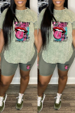 Blue Casual Print Basic O Neck Short Sleeve Two Pieces