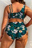 Sexy Print Patchwork Backless V Neck Plus Size Swimwear (With Paddings)