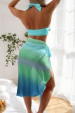 Sexy Gradient Print Bandage Backless Swimsuit Three Piece Set (With Paddings)